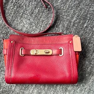 Coach Red Pebbled Leather Crossbody Bag with Turnlock